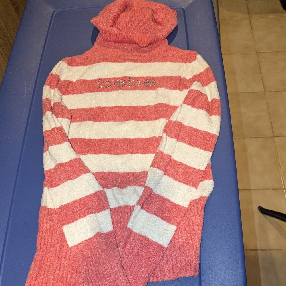Bebe Coral and Cream Striped Turtleneck Sweater Matches Hat And Scarf Set